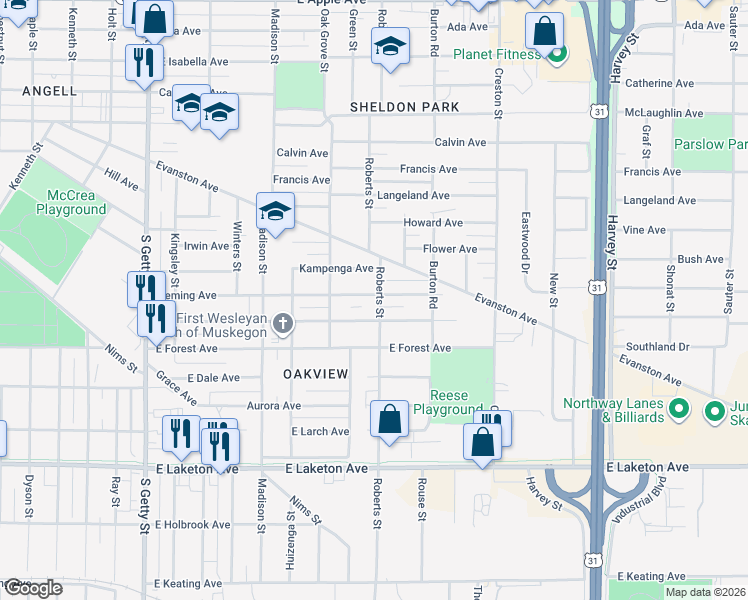 map of restaurants, bars, coffee shops, grocery stores, and more near 1195 Fleming Avenue in Muskegon