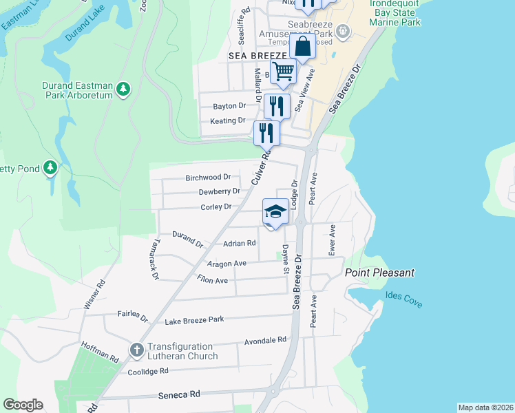 map of restaurants, bars, coffee shops, grocery stores, and more near 88 Point Pleasant Road in Irondequoit
