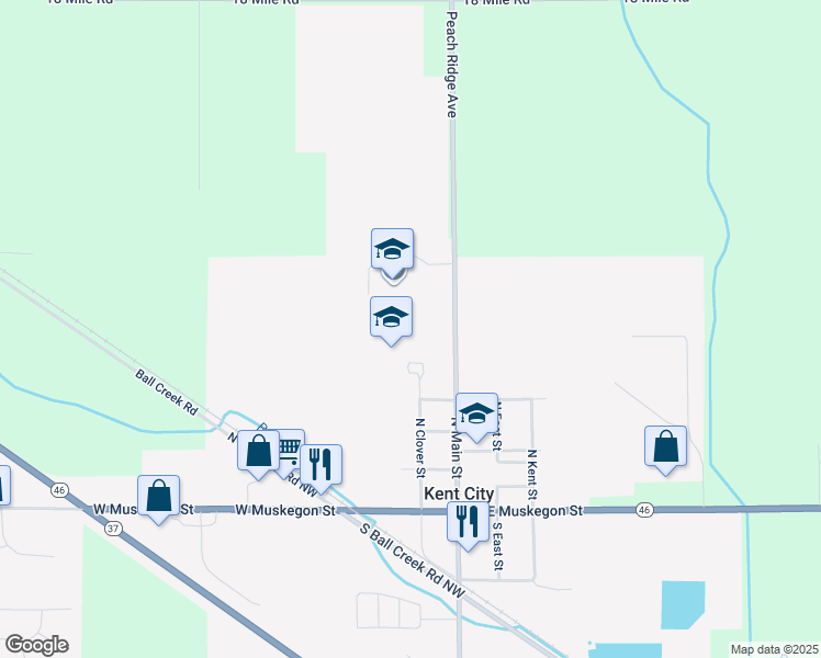 map of restaurants, bars, coffee shops, grocery stores, and more near 285 North Main Street in Kent City