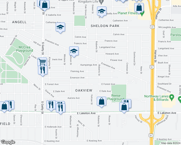 map of restaurants, bars, coffee shops, grocery stores, and more near 1143 Fleming Avenue in Muskegon