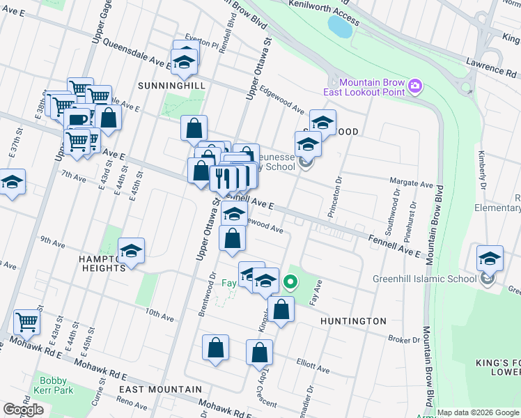 map of restaurants, bars, coffee shops, grocery stores, and more near 1170 Fennell Avenue East in Hamilton