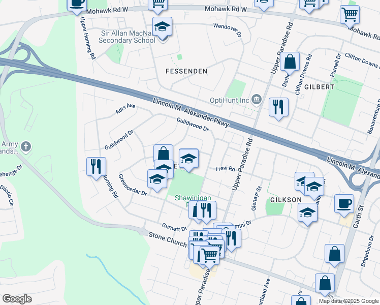 map of restaurants, bars, coffee shops, grocery stores, and more near 45 Golfwood Drive in Hamilton