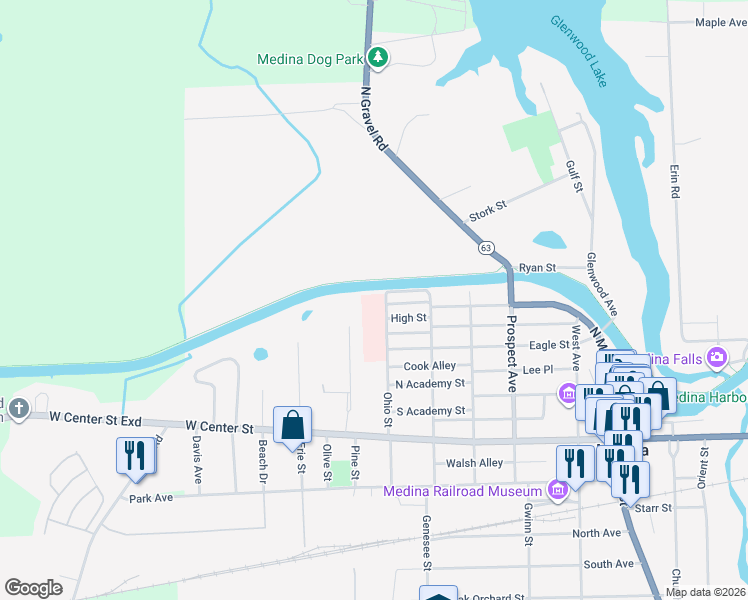 map of restaurants, bars, coffee shops, grocery stores, and more near 100 Ohio Street in Medina