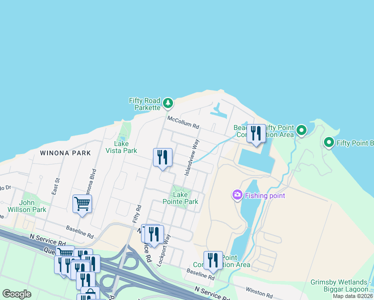 map of restaurants, bars, coffee shops, grocery stores, and more near 77 Watercliff Place in Hamilton