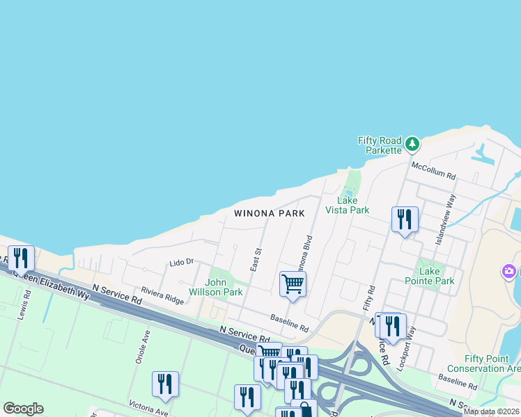map of restaurants, bars, coffee shops, grocery stores, and more near 526 Winona Road in Hamilton