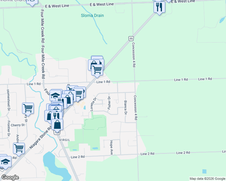 map of restaurants, bars, coffee shops, grocery stores, and more near 28 Loretta Drive in Niagara-on-the-Lake
