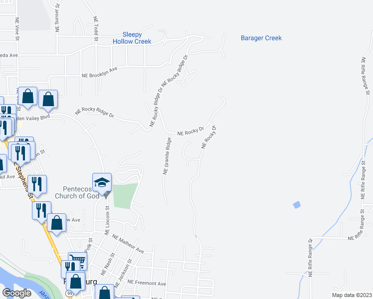 map of restaurants, bars, coffee shops, grocery stores, and more near 1731 Northeast Shale Court in Roseburg