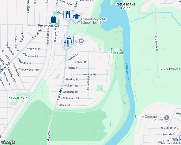 map of restaurants, bars, coffee shops, grocery stores, and more near 164 Cherry Road in Rochester