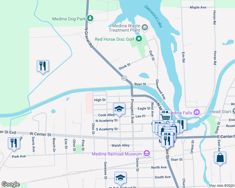 map of restaurants, bars, coffee shops, grocery stores, and more near 100 Catherine Street in Medina
