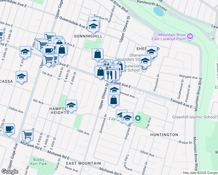 map of restaurants, bars, coffee shops, grocery stores, and more near in Hamilton