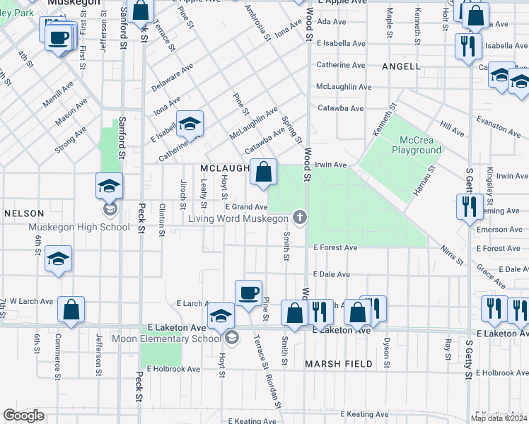 map of restaurants, bars, coffee shops, grocery stores, and more near 1515 Pine Street in Muskegon