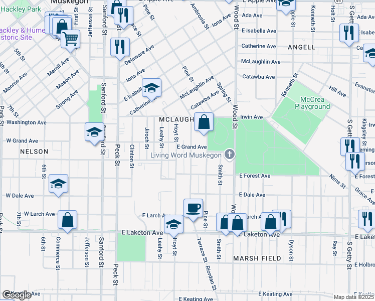 map of restaurants, bars, coffee shops, grocery stores, and more near 1478 Terrace Street in Muskegon