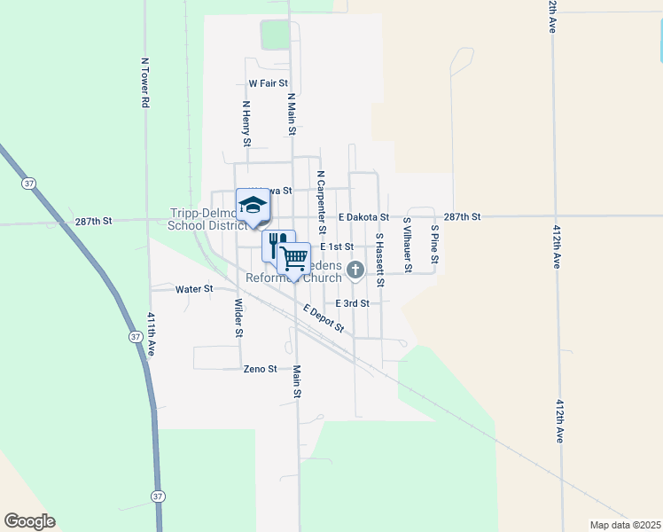 map of restaurants, bars, coffee shops, grocery stores, and more near East 1st Street in Tripp
