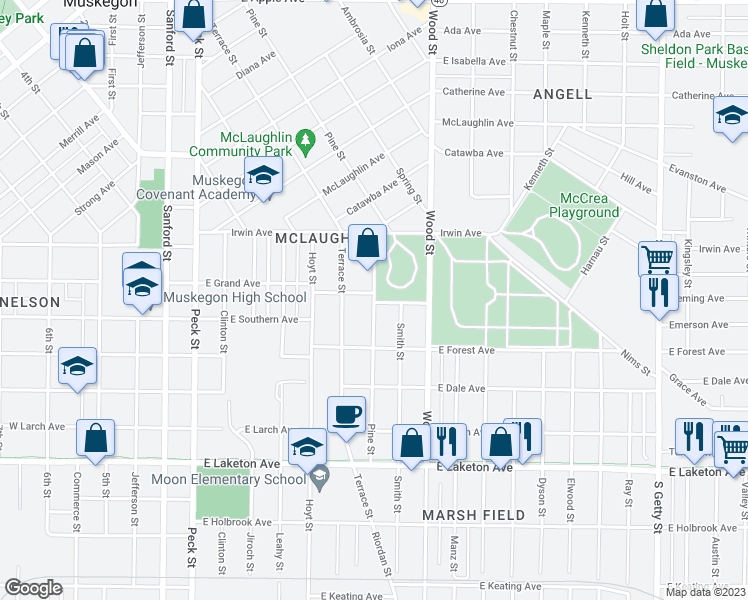 map of restaurants, bars, coffee shops, grocery stores, and more near 1481 Pine Street in Muskegon