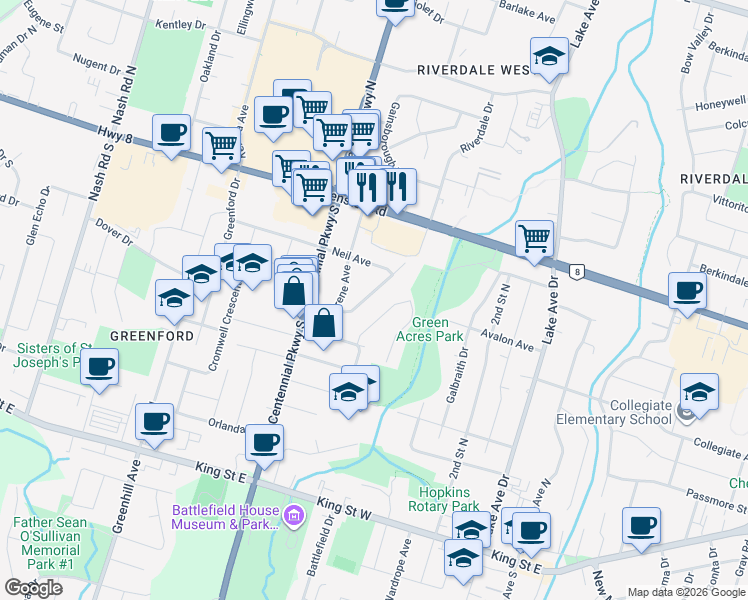 map of restaurants, bars, coffee shops, grocery stores, and more near 90 Blanmora Drive in Hamilton