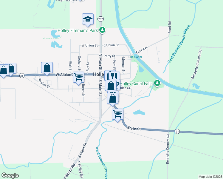map of restaurants, bars, coffee shops, grocery stores, and more near 50 Public Square in Holley