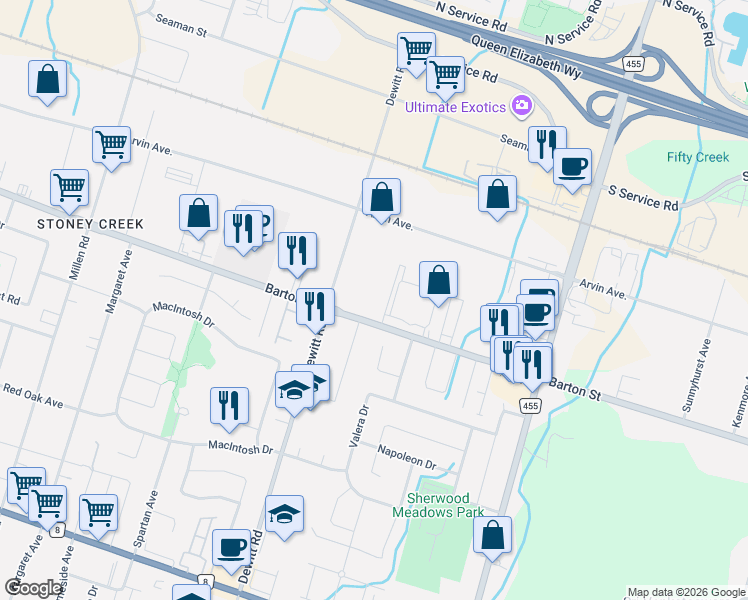 map of restaurants, bars, coffee shops, grocery stores, and more near 555 Barton Street in Hamilton