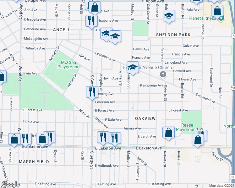 map of restaurants, bars, coffee shops, grocery stores, and more near 939 Fleming Avenue in Muskegon