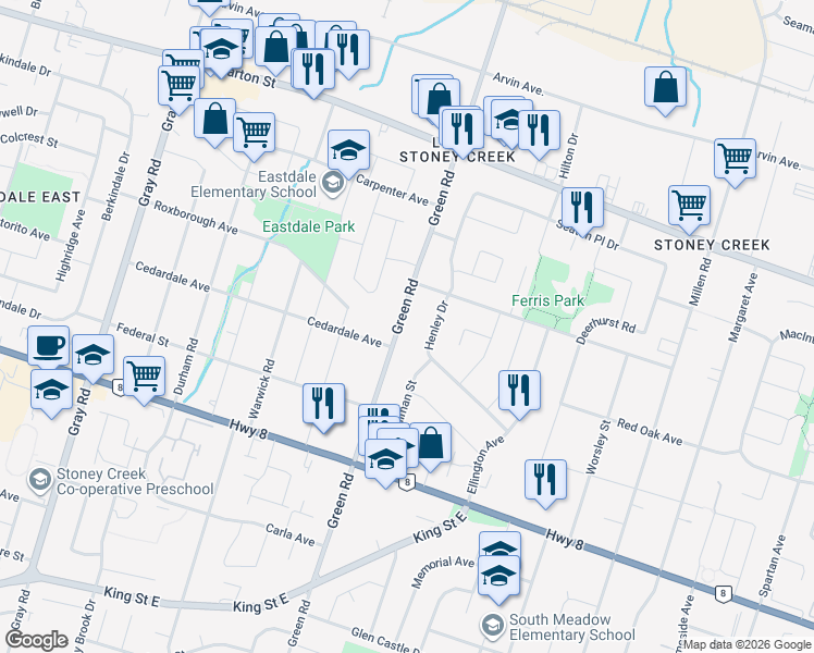 map of restaurants, bars, coffee shops, grocery stores, and more near 238 Green Road in Hamilton