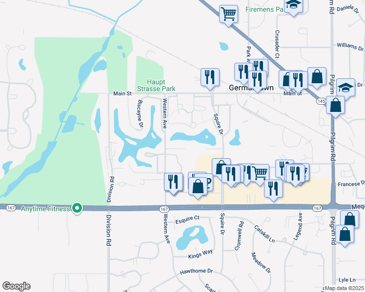 map of restaurants, bars, coffee shops, grocery stores, and more near 2 Crown Drive in Germantown