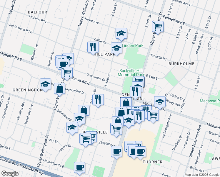 map of restaurants, bars, coffee shops, grocery stores, and more near in Hamilton