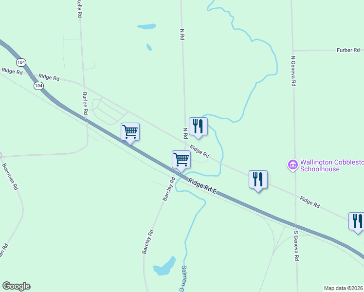 map of restaurants, bars, coffee shops, grocery stores, and more near 7631 Ridge Road in Sodus