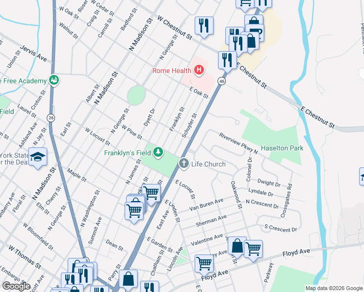 map of restaurants, bars, coffee shops, grocery stores, and more near 1303 Schuyler Street in Rome