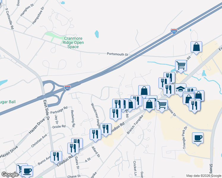 map of restaurants, bars, coffee shops, grocery stores, and more near 20 Wedgewood Drive in Concord