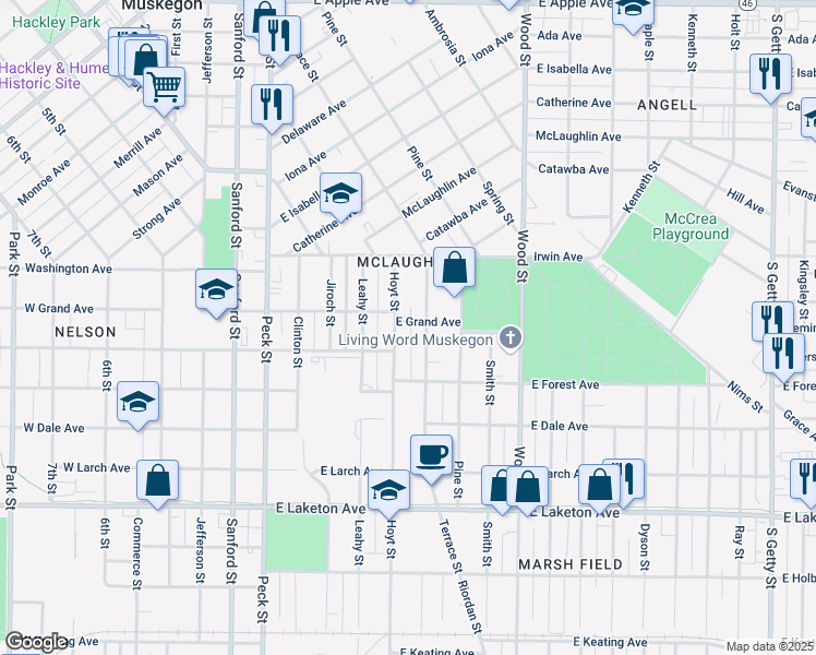 map of restaurants, bars, coffee shops, grocery stores, and more near 219 East Grand Avenue in Muskegon