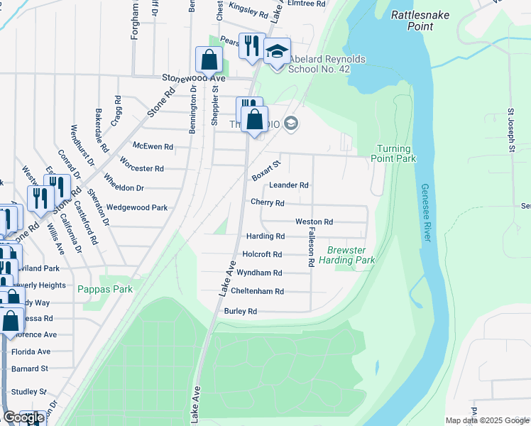 map of restaurants, bars, coffee shops, grocery stores, and more near 62 Cherry Road in Rochester