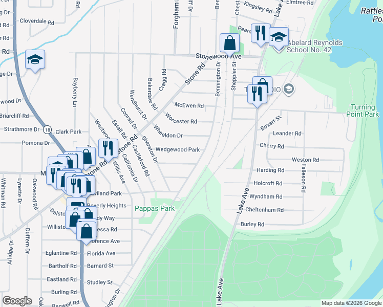 map of restaurants, bars, coffee shops, grocery stores, and more near 65 Wheeldon Drive in Rochester
