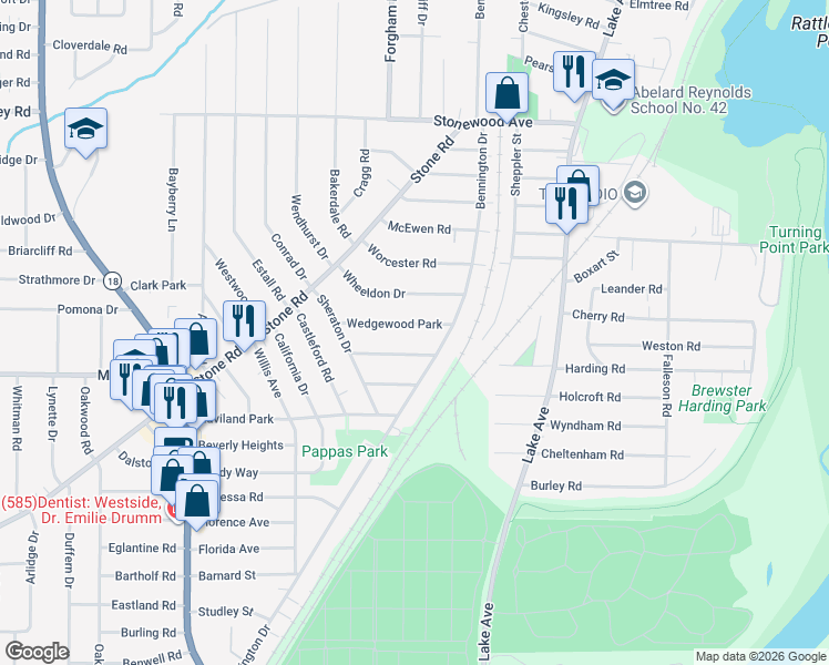 map of restaurants, bars, coffee shops, grocery stores, and more near 65 Wheeldon Drive in Rochester