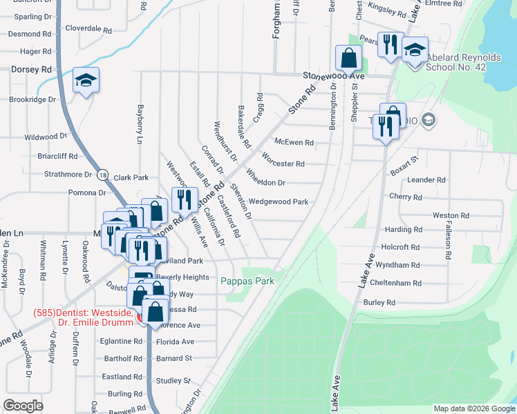 map of restaurants, bars, coffee shops, grocery stores, and more near 106 Wedgewood Park in Rochester
