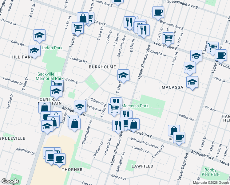 map of restaurants, bars, coffee shops, grocery stores, and more near 203 Burkholder Drive in Hamilton