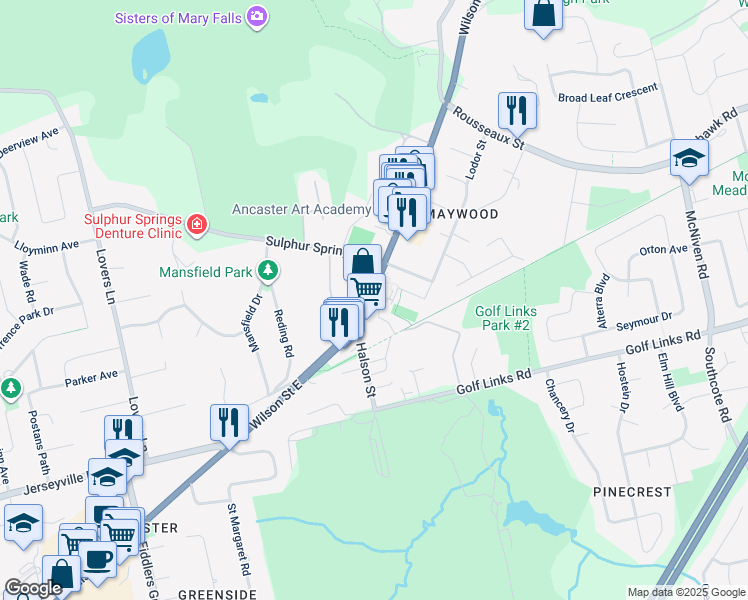 map of restaurants, bars, coffee shops, grocery stores, and more near 297 Wilson Street East in Hamilton