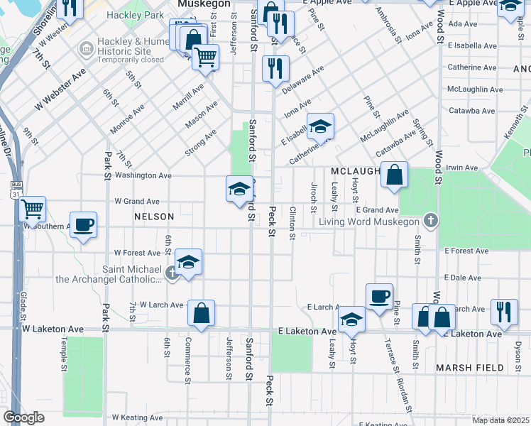 map of restaurants, bars, coffee shops, grocery stores, and more near 1470 Peck Street in Muskegon