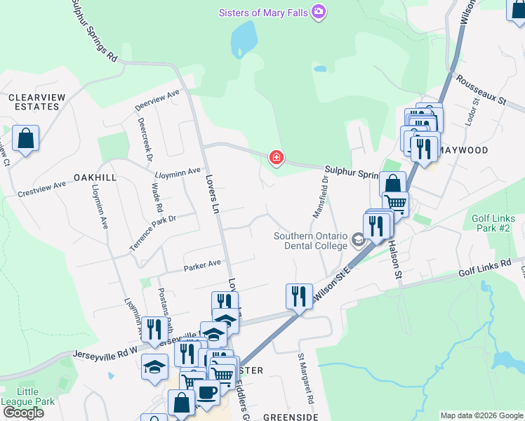 map of restaurants, bars, coffee shops, grocery stores, and more near 138 Judith Crescent in Hamilton