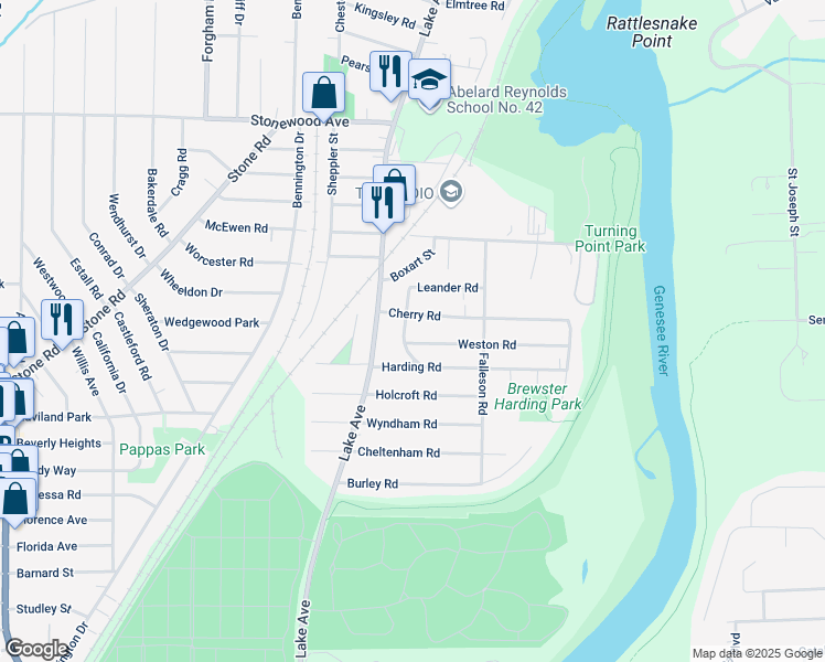 map of restaurants, bars, coffee shops, grocery stores, and more near 62 Cherry Road in Rochester