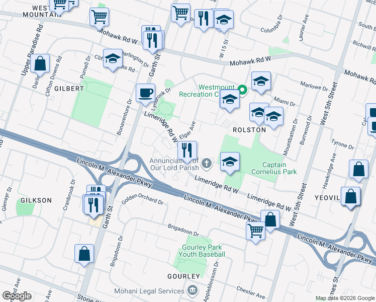 map of restaurants, bars, coffee shops, grocery stores, and more near 5 Kendale Court in Hamilton