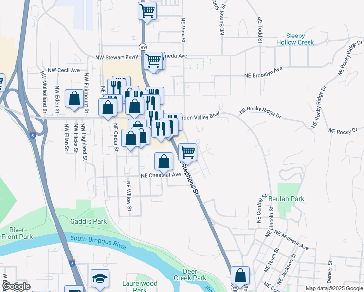 map of restaurants, bars, coffee shops, grocery stores, and more near 779 Northeast Barnes Avenue in Roseburg