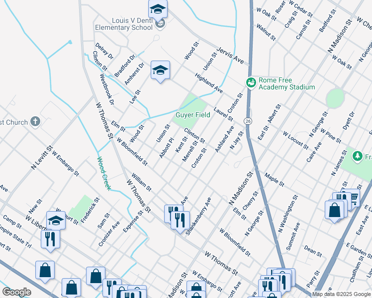 map of restaurants, bars, coffee shops, grocery stores, and more near 607 Clinton Street in Rome