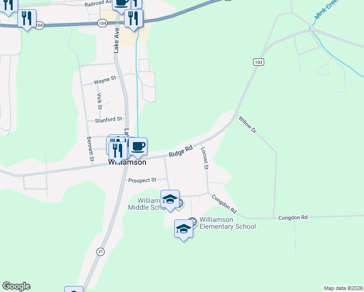 map of restaurants, bars, coffee shops, grocery stores, and more near 4213 Ridge Road in Williamson