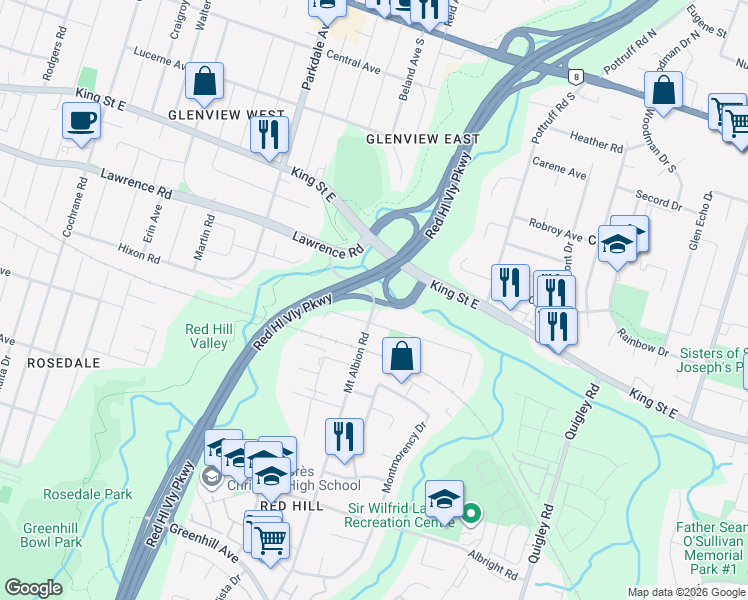 map of restaurants, bars, coffee shops, grocery stores, and more near 2 Mount Albion Road in Hamilton