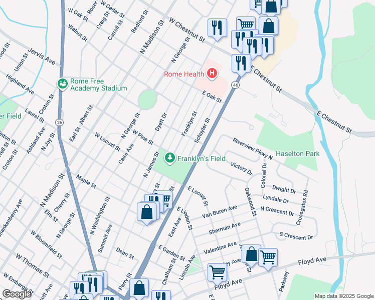 map of restaurants, bars, coffee shops, grocery stores, and more near 1303 Schuyler Street in Rome