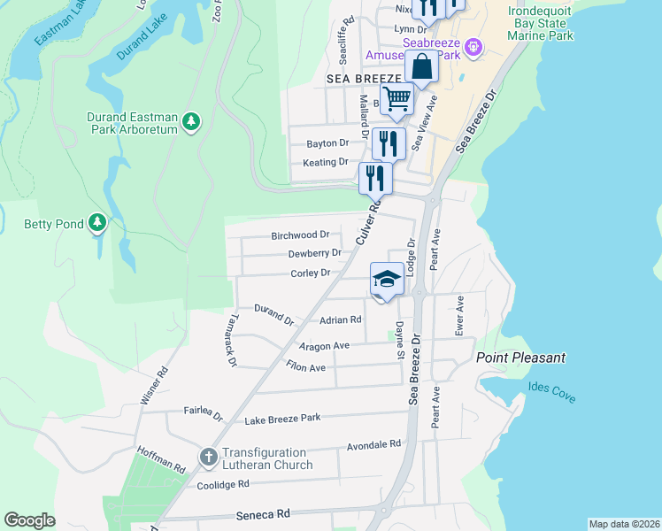 map of restaurants, bars, coffee shops, grocery stores, and more near 4225 Culver Road in Rochester