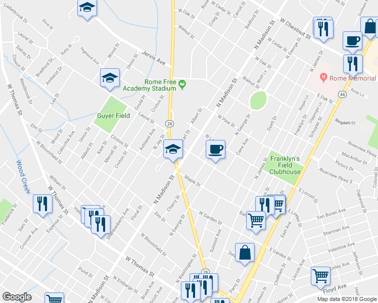 map of restaurants, bars, coffee shops, grocery stores, and more near 1000 North Madison Street in Rome