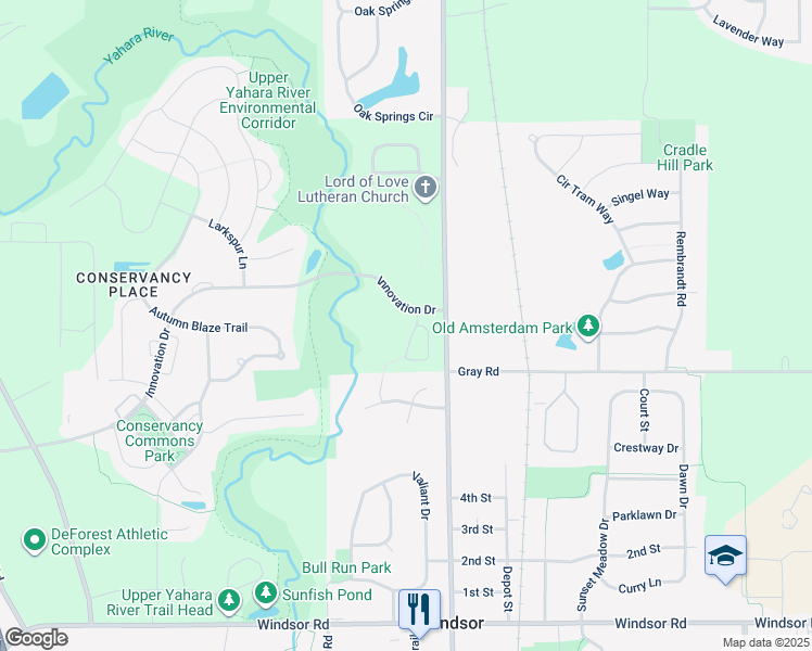 map of restaurants, bars, coffee shops, grocery stores, and more near in DeForest