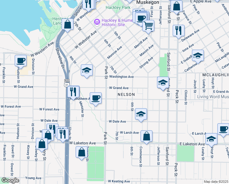 map of restaurants, bars, coffee shops, grocery stores, and more near 376 West Grand Avenue in Muskegon
