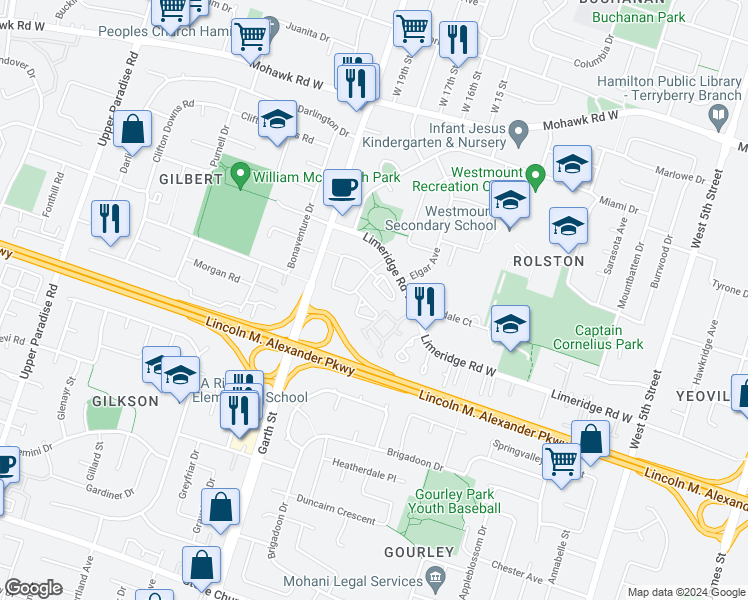 map of restaurants, bars, coffee shops, grocery stores, and more near 25 Britten Close in Hamilton