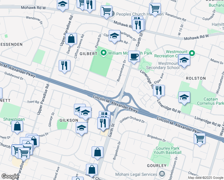 map of restaurants, bars, coffee shops, grocery stores, and more near 125 Morgan Road in Hamilton